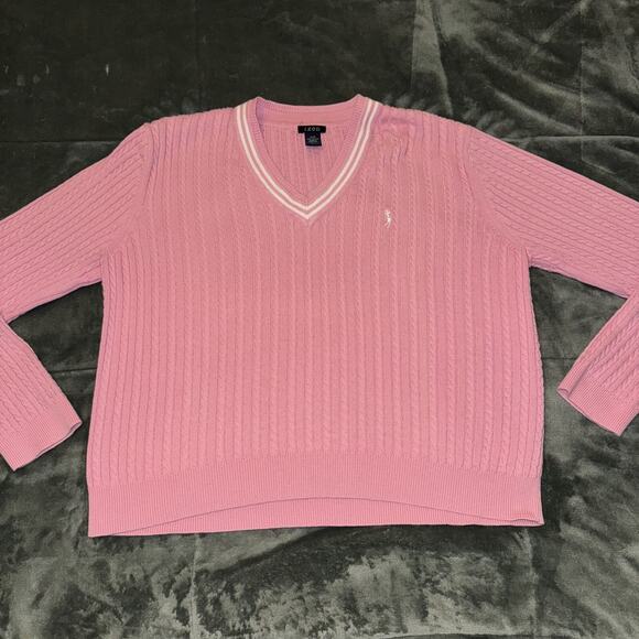 Izod Sweater Women's Large Pink Cable Knitted Long Sleeve V-Neck Preppy Pullover - Picture 7 of 11